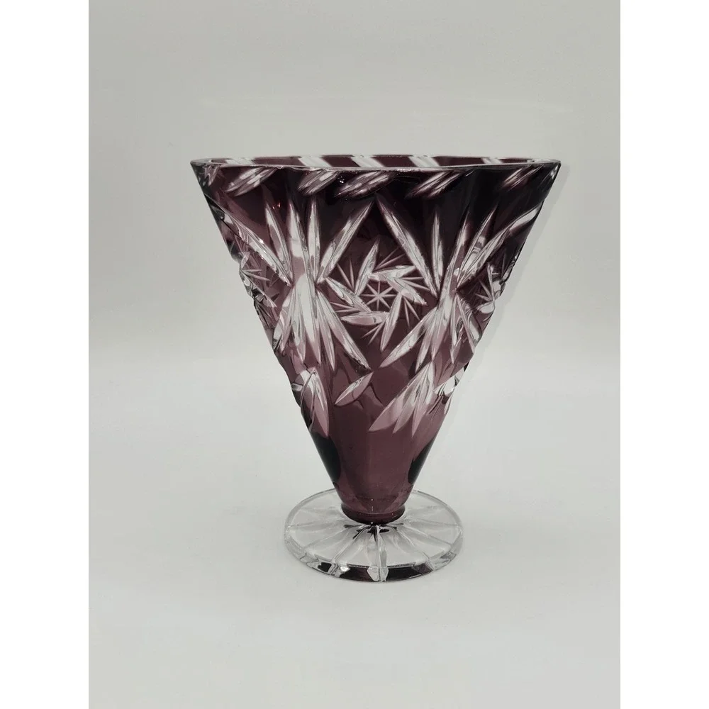 Amethyst Cut‎ to Clear Crystal Bohemian Czech Starburst Cut Footed Vase